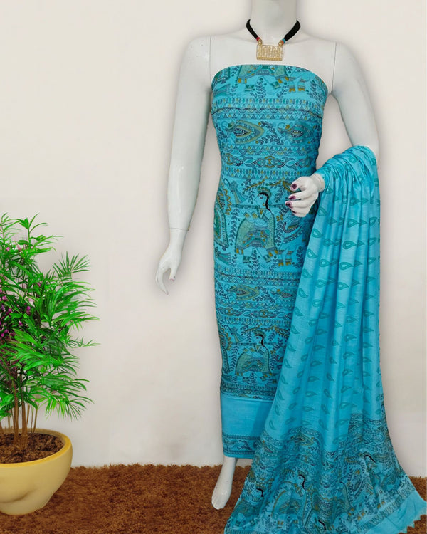 Katan Silk Suit Turquoise Blue Color Madhubani Print - IndieHaat