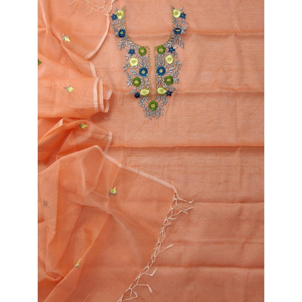 Kota Doria Orange Suit Material 2 Piece Embroidered (Only Top and Dupatta)-Indiehaat