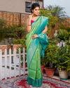 Kanjivaram Silk Saree Plae Green & Teal Blue Color with running blouse - IndieHaat