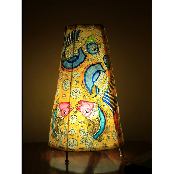 Indiehaat | Peacock Fish Kalamkari Handpainted Standing Round Leather Lamp | 13 Inch