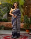 Kota Silk Saree Indigo Color Batik Print with running blouse - IndieHaat