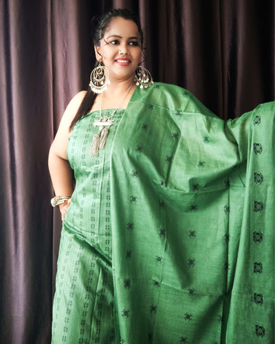 Katan Silk Suit Handcrafted Green 18% Off - IndieHaat