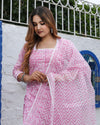 Kota Doria Suits (Top+Bottom+Dupatta) Pink  Color Handblock print with Stitch embroidery work - IndieHaat