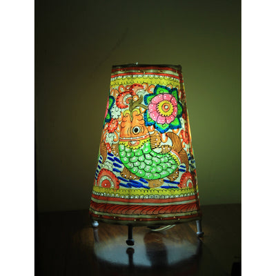 Indiehaat | Fish Kalamkari Handpainted Standing Round Leather Lamp | 9 Inch