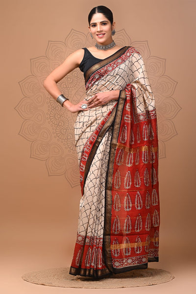 Pure Maheshwari Silk Saree Beige Hand block Printed-Indiehaat