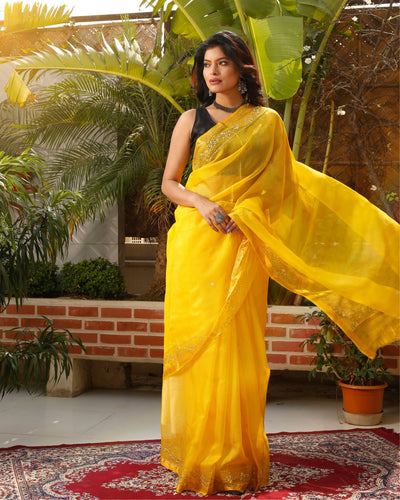 Pure Silk Kota Doria Saree Banana Yellow Color allover Hand Pitta work with running blouse - IndieHaat