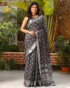 Slub Linen Saree Dark Gray Color Batik Print with running blouse - IndieHaat