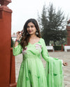 Organza Stitched Suit Pista Green Color Hand painted - IndieHaat