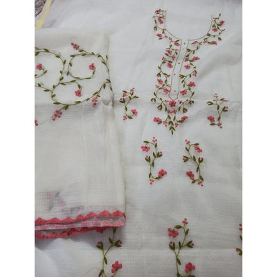 Kota Doria White Suit Material 2 Piece Embroidered (Only Top and Dupatta) | Indiehaat