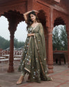 Organza Stitched Suit Gray Olive Color Hand painted - IndieHaat