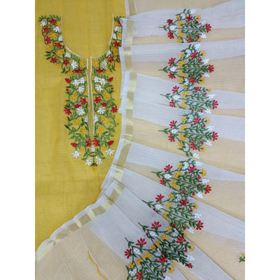 Kota Doria Yellow Suit Material 2 Piece Embroidered (Only Top and Dupatta)-Indiehaat