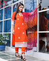 Pure Cotton Kota Doria Suits (Top+Bottom+Dupatta) Orange Color Stitch embroidery with Hand Bandhej work Dupatta - Indiehaat