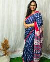 Mulmul Cotton Saree Royal Blue Color Handblock Printed with contrast blouse - IndieHaat