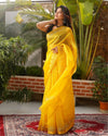 Pure Silk Kota Doria Saree Banana Yellow Color allover Hand Pitta work with running blouse - IndieHaat