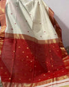 Maheshwari Handloom Silk Saree White Color with Golden Zari Double Design border Paan Buti, Red Color Pallu and running blouse - IndieHaat