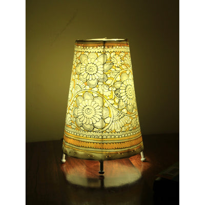 Indiehaat | Flower Kalamkari Handpainted Standing Round Leather Lamp | 9 Inch