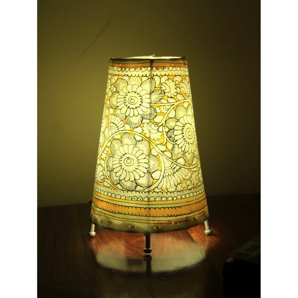 Indiehaat | Flower Kalamkari Handpainted Standing Round Leather Lamp | 9 Inch