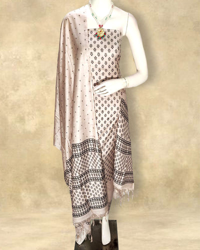 Katan Silk Suits Light Pinkish-Beige Color Handblock Printed - IndieHaat 