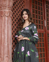 Organza Stitched Suit Black Color Hand painted - IndieHaat