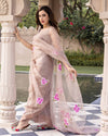 Organza Silk Saree Pale Pink Color Hand Painted with running blouse - IndieHaat