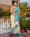 Kashmiri Modal Silk Saree Light Beige Color with Cyan Blue Pallu and blouse - IndieHaat