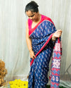 Mulmul Cotton Saree Royal Blue Color Handblock Printed with contrast blouse - IndieHaat