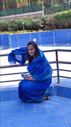 Silkmark certified Chanderi Silk Blue Saree with Running Blouse-Indiehaat