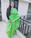 IndieHaat | Katan Silk Green Saree Jaquard Weaving Running Blouse