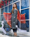 Pure Cotton Kota Doria Suits (Top+Bottom+Dupatta) Gray Color Stitch embroidery with Hand Bandhej work Dupatta - Indiehaat