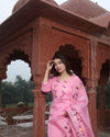 Kota Doria Suit (Top+Bottom+Dupatta) Pink Color Hand Painting with Stitch embroidery work - IndieHaat