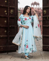 Organza Stitched Suit Light Blue Color Hand painted - IndieHaat