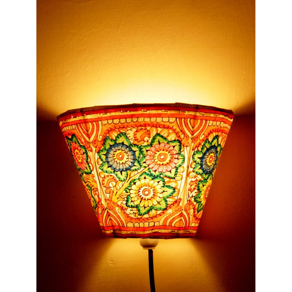 Indiehaat | Flower Kalamkari Handpainted Wall Mount Leather Lamp | 5.5 Inch