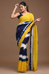 Pure Assam Silk Yellow and Blue Saree Hand Block Print-Indiehaat