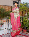 Kashmiri Modal Silk Saree Beige Color with Rani Pink Pallu and blouse - IndieHaat