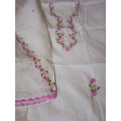 Kota Doria White Suit Material 2 Piece Embroidered (Only Top and Dupatta) | Indiehaat