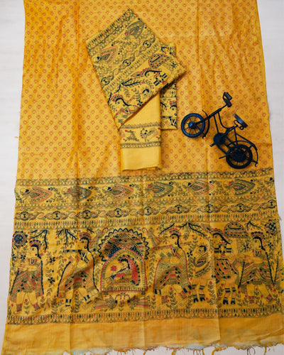 Katan Silk Suit Golden Yellow Color Madhubani Print - IndieHaat