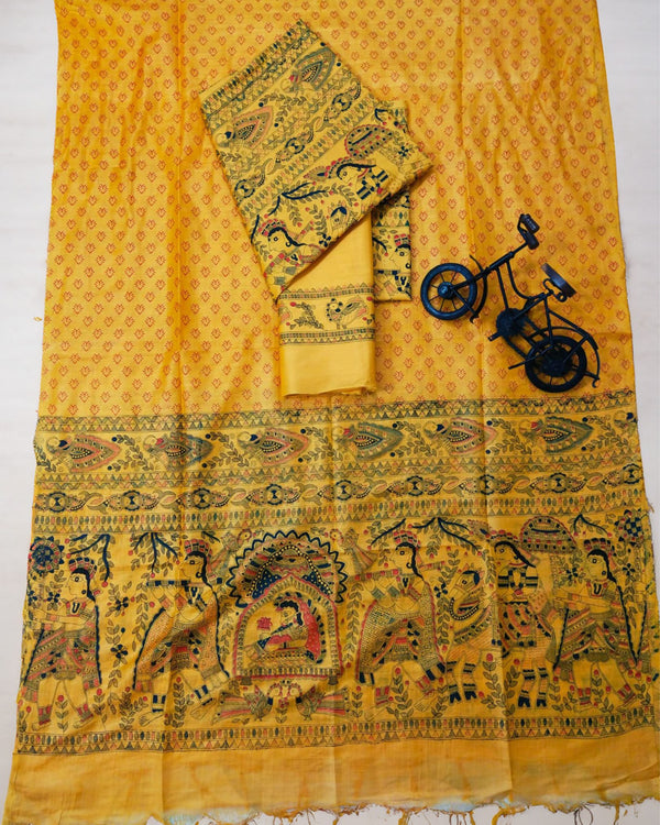 Katan Silk Suit Golden Yellow Color Madhubani Print - IndieHaat