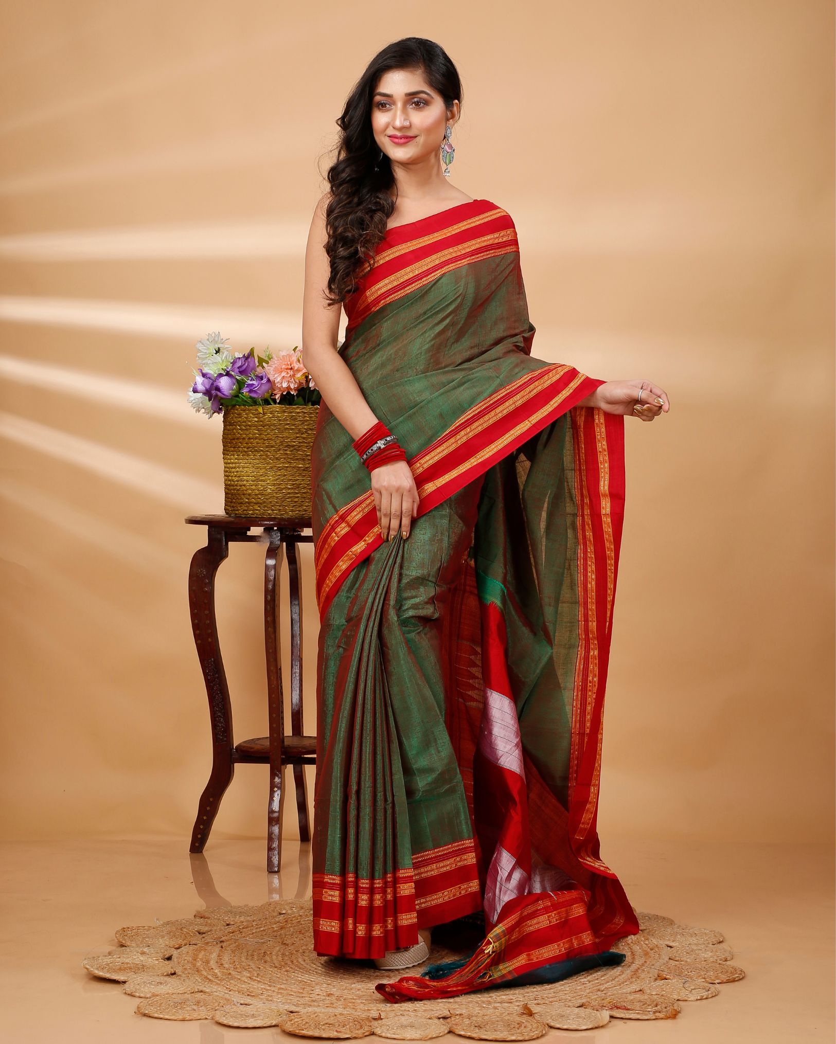 ILKAL Handloom Cotton Silk Saree Green Color with running blouse - IndieHaat – Indiehaat.com