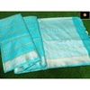 Pure Linen Check Design Handloom Sea Green Saree with Running Blouse-Indiehaat