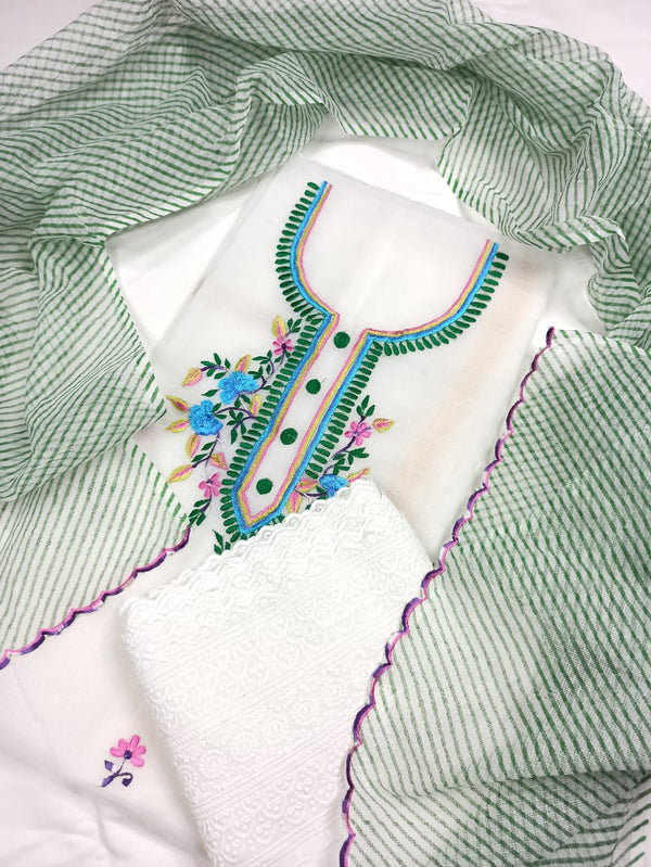 Kota Doria Embroidery White Suit Material with Leheriya Green Dupatta and Chikenkari Bottom-Indiehaat