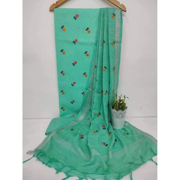 Handcrafted Katan Silk Green Suit Piece with Bottom and Dupatta-Indiehaat