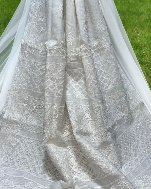 Kota Doria Saree White Color Chikankari work without blouse - IndieHaat