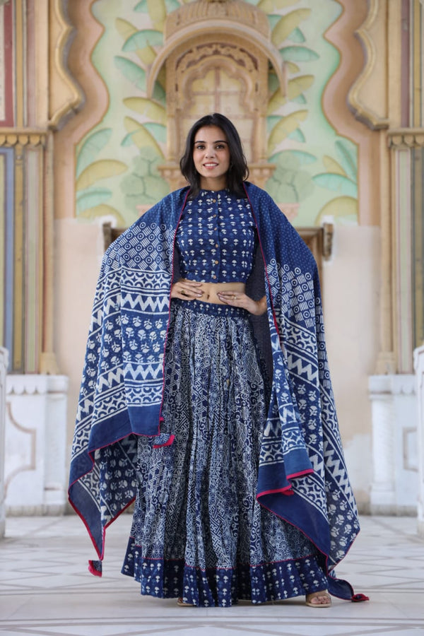 Cotton Lehanga HandBlock Print Blue 20% Off - IndieHaat