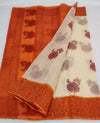 Kota Doria Handblock Printed Cream color Saree with blouse-Indiehaat