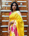 Cotton Linen Saree Yellow & Pink Color Shibori Hand Dyed with running blouse - IndieHaat