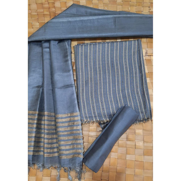 Katan Silk Gray Suit Piece with Bottom and Dupatta Handcrafted-Indiehaat
