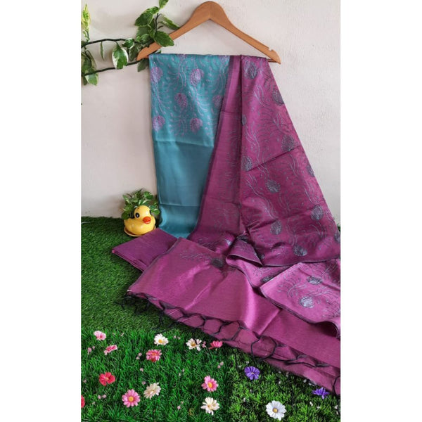 Katan Silk Blue Suit Piece with Purple Bottom and Dupatta Embroidered-Indiehaat