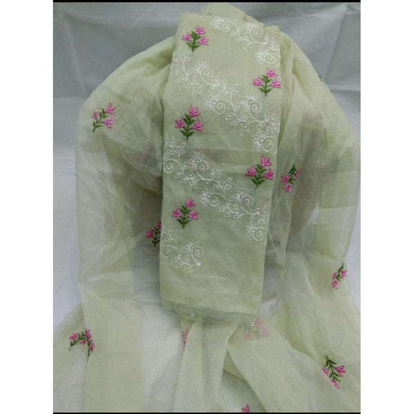 Kota Doria Green Suit Material 2 Piece Embroidered (Only Top and Dupatta)-Indiehaat