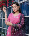 Pure Cotton Kota Doria Suits (Top+Bottom+Dupatta) Pink Color Stitch embroidery with Hand Bandhej work Dupatta - Indiehaat