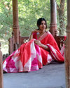 Cotton Linen Saree Pink & Red Color Shibori Hand Dyed with running blouse - IndieHaat